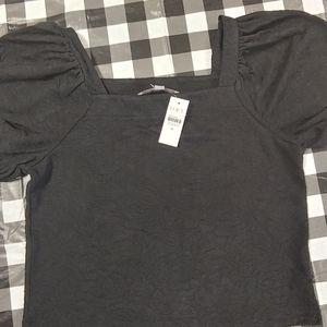 LOFT Medium Puff Sleeve Crinkle Black Cropped Top